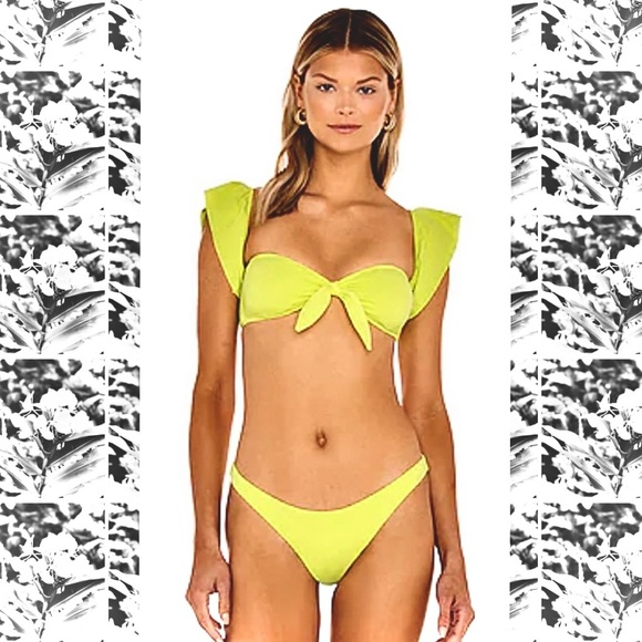 EBERJEY | M | Lola Pique Flutter Off Shoulder Bikini Top Electric Lime Green NWT - Picture 4 of 10